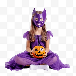 亞洲小女孩图片_穿着万圣节服装戴着紫色面具的可