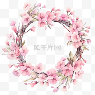 圆形花环框架与樱花樱花树枝与粉红色的花朵水彩插图
