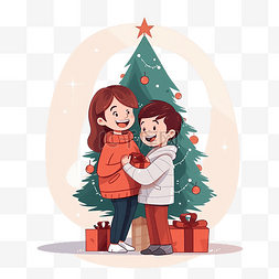 妈妈和她的儿子站在圣诞树旁拥抱