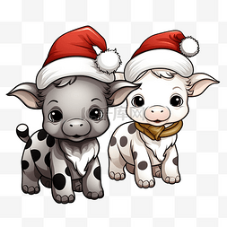 牛形象图片_两只不同的小牛穿着圣诞服装为着