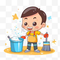 小男孩踩水坑图片_清理剪贴画卡通清洁男孩拿着水桶