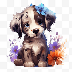 染色的花图片_ai生成的插图小狗与幻想花