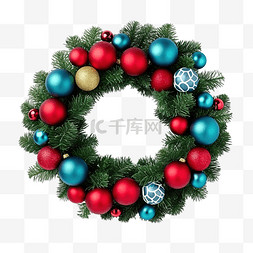 彩球装饰图片_圣诞花环装饰绿松叶与蓝红球