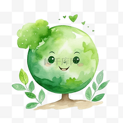 地球日卡通图片_生态友好的绿色地球符号与树水彩
