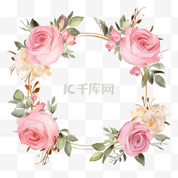 水彩粉红背景图片_水彩粉红玫瑰与金色花环框架在水