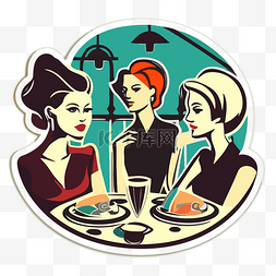 三个女人在红盘子上的桌子上吃饭