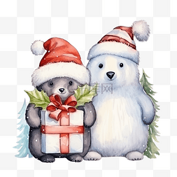 北极熊和企鹅图片_可爱的北极熊和企鹅圣诞节水彩卡
