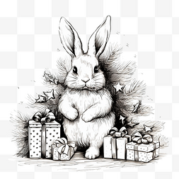 圣诞兔子与圣诞树和礼物手绘草图