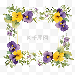 方形框架与三色堇花黄色和紫色花