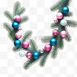 粉花图片_绿色云杉树枝和圣诞蓝色和粉色球