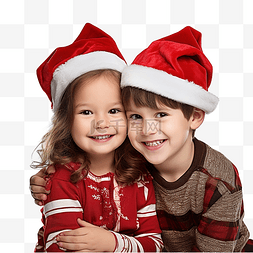 圣诞节小女孩和男孩戴着红帽子，