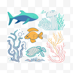 彩色的珊瑚图片_蓝色的鱼和珊瑚线 插图 向量