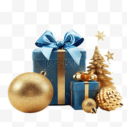 發光图片_有金弓的礼品盒和蓝色圣诞球的杉