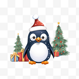 插画圣诞快乐图片_圣诞快乐贺卡与企鹅插图