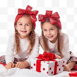 抱着礼物盒的女孩图片_两个扎着辫子戴着圣诞红帽带着礼
