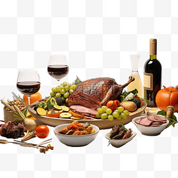 蔬菜肉和水果图片_感恩节餐桌布置，配有烤肉蔬菜和
