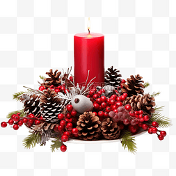带红蜡烛和银松果的圣诞餐桌中心