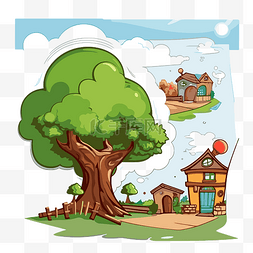 过渡剪贴画卡通村庄有一棵大树和