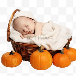 小孩子孩图片_睡在用南瓜装饰的篮子里的新生男