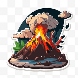 卡通火山贴纸与熔岩剪贴画 向量