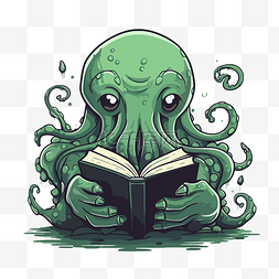 克苏鲁剪贴画绿色章鱼读书卡通 