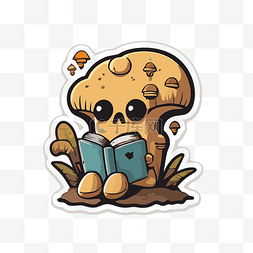 读书贴纸图片_蘑菇读一本书贴纸 向量
