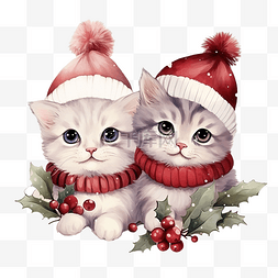 圣诞快乐可爱的猫画冬季红色浆果