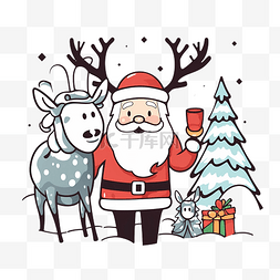 线描手绘插画图片_圣诞快乐圣诞老人和驯鹿矢量图