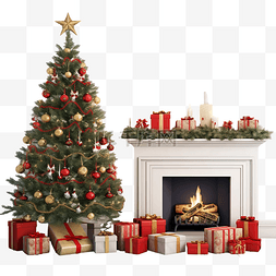 圣诞节打开礼盒图片_客厅里有壁炉和带礼物的圣诞树