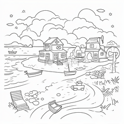 卡通海边背景图片_海边小镇和房屋的彩页