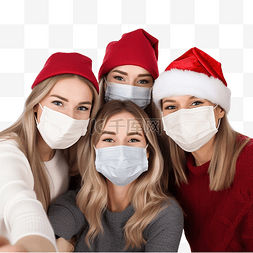 增强免疫力的图片图片_朋友们戴着口罩和圣诞帽自拍圣诞