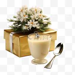 酒礼盒图片_一杯圣诞蛋酒勺子，花盆上的小圣