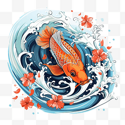 海浪纹日本图片_锦鲤鱼纹身与水溅亚洲或日本风格