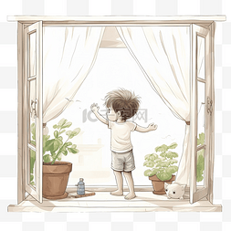 窗户开着图片_温暖的早晨，小男孩在托儿所开着
