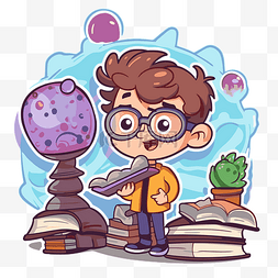 戴眼镜的男孩站在一本书和蘑菇旁