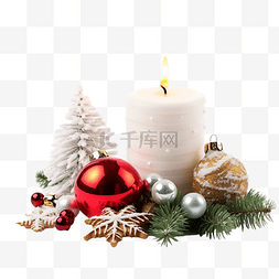 圣诞球红图片_圣诞组合物与燃烧的蜡烛和雪上的