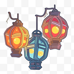 三个彩色灯笼挂在绳子上 向量