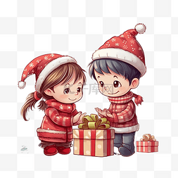 闲置交换图片_圣诞树旁的男孩和女孩交换礼物