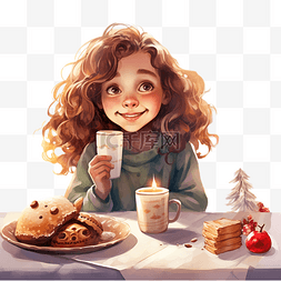 咖啡杯里的咖啡图片_圣诞节吃早餐的快乐女孩