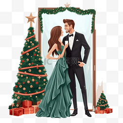 幸福的情侣在配有大镜子和圣诞树