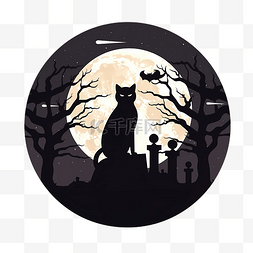 万圣节猫黑与满月在墓地夜景