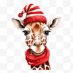 冬天中的人物图片_圣诞配饰矢量中的长颈鹿手绘肖像