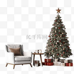 室内圣诞树图片_现代客厅内部配有圣诞树礼盒沙发