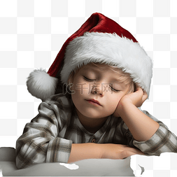 小男孩睡在圣诞树下等待圣诞老人