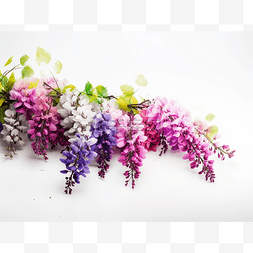 白色背景中各种颜色的紫藤花束