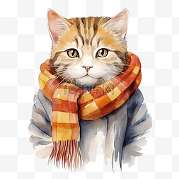 一只戴着围巾的猫的水彩插图