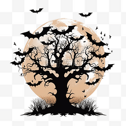 蝙蝠树图片_万圣节树和蝙蝠在月亮设计前