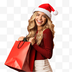 圣诞老人装满礼物图片_戴着圣诞帽的女孩在孤立的红墙上