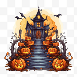 女巫的房子图片_可怕的房子与楼梯鬼门南瓜万圣节