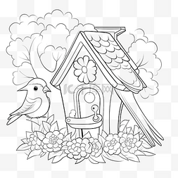 矢量卡通可爱木屋图片_用鸟舍和鸟类矢量页为可打印的儿